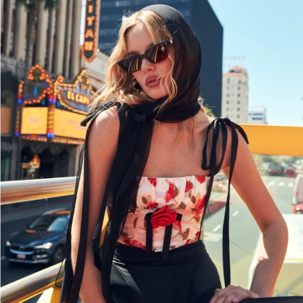 NEW w tags For Love & Lemons Gayane Rose Print Satin Bustier Top w Bow Brooch